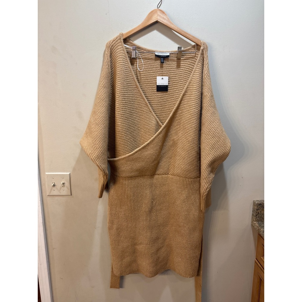 NWT Eloquii Elements Camel Tan Ribbed Surplice Wrap Sweater Dress Plus 18/20